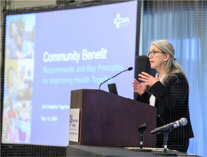 A speaker leads a partner programming session at the American Hospital Association's Healthier Together Conference, taking place May 4-6, 2027 in Anaheim